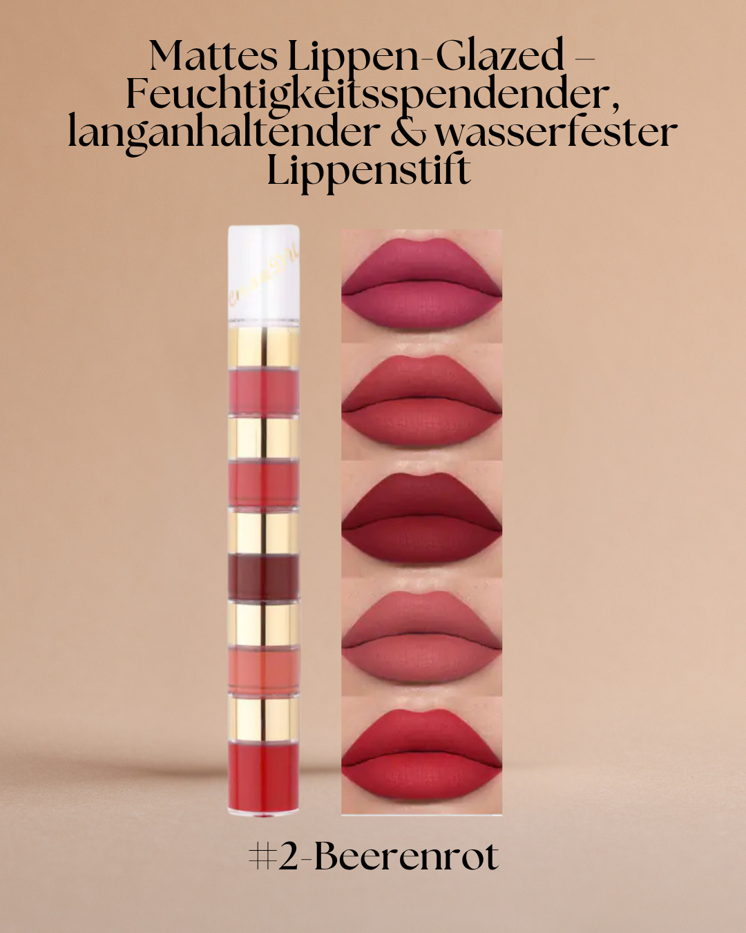 Mattes Lippen-Glazed – Feuchtigkeitsspendender, langanhaltender & wasserfester Lippenstift mit 5-in-1 Farbkombination – ideal für jeden Anlass